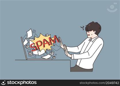 Unhappy young man work on computer frustrated with internet information overload. Distressed guy confused stop spam or scam on laptop. Digital hygiene concept. Flat vector illustration. . Young man distressed with digital information overload on computer