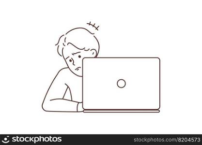 Unhappy young man working on laptop having problem online. Upset frustrated guy use computer confused with operational trouble or mistake. Vector illustration. . Unhappy man work on laptop have problems 