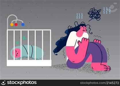 Unhappy young mother feel depressed near cradle with newborn infant suffer from postpartum depression. Upset mom near crib with baby kid struggle with psychological problem. Vector illustration. . Unhappy woman suffer with postpartum depression