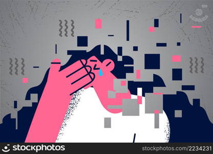 Unhappy young woman crying feel stressed suffer from mental or psychological disorder. Sad girl fall apart struggle with depression or anxiety attack. Counseling and healthcare. Vector illustration. . Upset woman fall apart suffer from depression