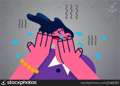 Unhappy young woman feel depressed broken cry suffer from mental or psychological problem. Upset female stressed with drama struggle with depression or anxiety. Vector illustration. . Unhappy woman cry suffer from mental disorder