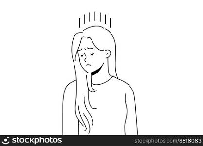 Unhappy young woman feel distressed and down suffer from depression or psychological problems. Upset female struggle with mood swing and loneliness. Vector illustration. . Unhappy woman suffer from depression 