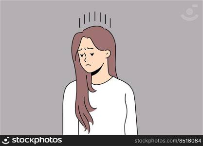 Unhappy young woman feel distressed and down suffer from depression or psychological problems. Upset female struggle with mood swing and loneliness. Vector illustration.. Unhappy woman suffer from depression