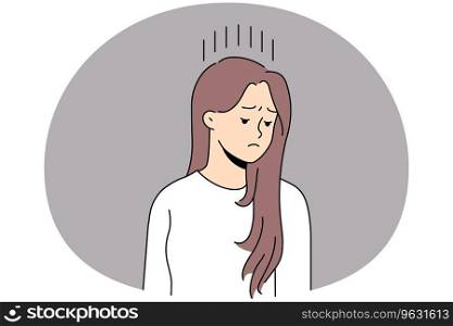 Unhappy young woman feel distressed and down suffer from depression or psychological problems. Upset female struggle with mood swing and loneliness. Vector illustration.. Unhappy woman suffer from depression