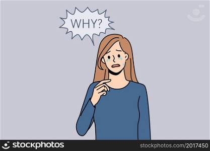 Unhappy young woman feel stressed crying of life injustice or discrimination. Upset girl distressed suffer from mental or psychological problems. Depression, healthcare concept. Vector illustration.. Upset woman cry feel distressed of life problems