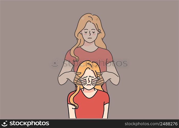 Unhappy young woman feel stressed have her ghost twin cover eyes with hands. Upset girl struggle with depression or reality denial. Concept of self-deception. Flat vector illustration.. Unhappy woman have eyes covered by ghost hands