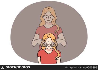 Unhappy young woman feel stressed have her ghost twin cover eyes with hands. Upset girl struggle with depression or reality denial. Concept of self-deception. Flat vector illustration.. Unhappy woman have eyes covered by ghost hands