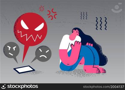 Unhappy young woman feel stressed suffer from cyber bullying on tablet or cellphone. Upset girl crying struggle with negative comments on social media on smartphone. Vector illustration. . Unhappy woman stressed with cyberbullying on phone