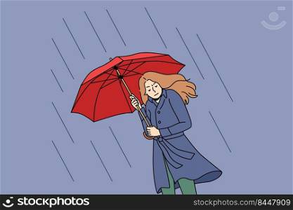 Unhappy young woman going under umbrella on rainy day. Upset stressed girl walk outside on cold bad weather in storm and thunderstorm. Vector illustration.. Unhappy woman going with umbrella in rain