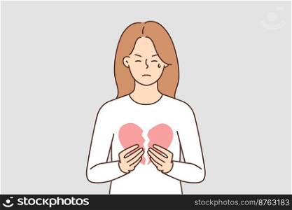 Unhappy young woman holding broken heart suffer from relationship split or breakup. Upset crying girl struggle with divorce or separation. Vector illustration. . Unhappy woman hold broken heart 