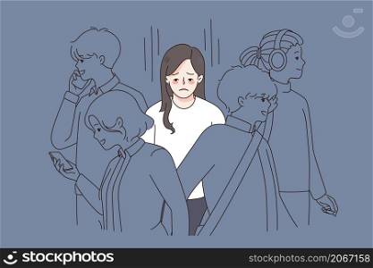 Unhappy young woman in crowd feel lonely abandoned in society. Upset sad girl suffer from loneliness and solitude. Depression and apathy concept. Emotional burnout. Flat vector illustration. . Unhappy woman feel lonely in crowd