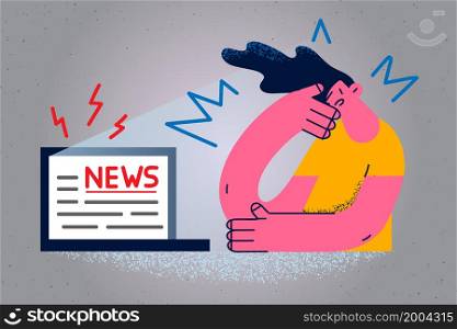 Unhappy young woman read news online on laptop distressed with bad message. Upset girl frustrated confused with negative information on computer on internet. Flat vector illustration. . Unhappy woman read bad news online on laptop
