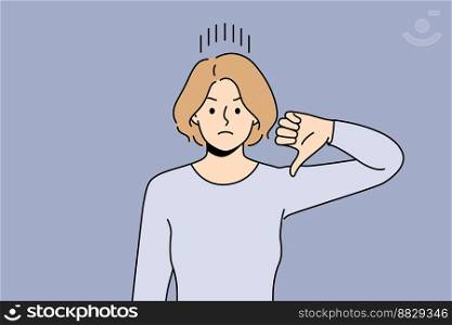 Unhappy young woman show thumb down dissatisfied with bad quality service. Upset distressed female demonstrate dislike and disapproval. Vector illustration. . Unhappy woman show thumb down 