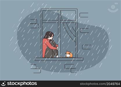 Unhappy young woman sit at home look in window feel lonely and abandoned, suffer from depression. Upset stressed girl with cat indoors, struggle with anxiety or mental disorder. Vector illustration. . Unhappy woman feel lonely suffer from depression