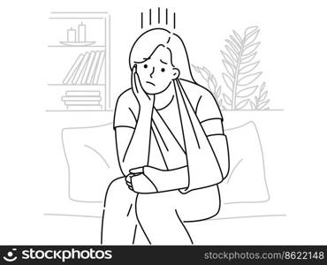 Unhappy young woman sit on sofa at home with broken arm in banda≥. Upset girl with hand injury wear split. Hea<hcare and rehabilitation. Vector illustration. . Upset woman with broken arm sit at home 