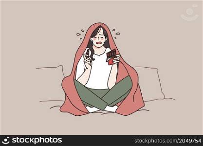 Unhappy young woman sit on sofa in blanket cry after breakup eat chocolate. Upset lonely girl feel desperate broken at home, have guilty pleasure sweets. Female life problem. Vector illustration. . Unhappy woman feel stressed cry eat chocolate
