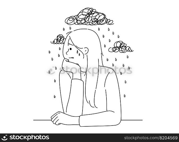 Unhappy young woman suffer from depression and repetitive thoughts. Upset female cry struggle with mental disorder and stress. Psychology problem concept. Vector illustration. . Unhappy woman suffer from depression