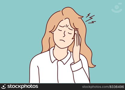 Unhappy young woman suffer from migraine or headache. Unhealthy girl struggle with head spasm having health problems. Medicine and healthcare. Vector illustration. . Unhealthy woman suffer from migraine