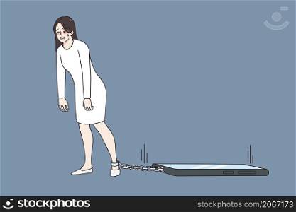 Unhappy young woman tied to cellphone suffer from technology dependence. Upset distressed girl chained to smartphone, have social media addiction. Gadget dependence problem. Vector illustration. . Unhappy woman tied to modern cellphone