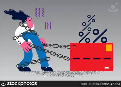 Unhappy young woman tied to credit or debit card with unpaid taxes or debt. Upset distressed female suffer from financial burden. Bankruptcy and finance problems. Vector illustration. . Distressed woman with debts tied to credit card
