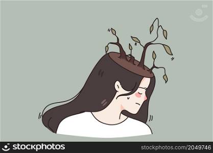 Unhappy young woman with bare desert trees on head suffer from mental psychological problems. Upset stressed girl struggle with depression or despair need help. Healthcare. Vector illustration. . Upset woman suffer from mental psychological problems