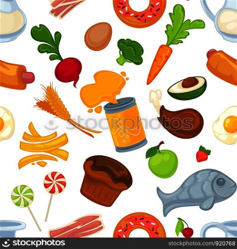 Unhealthy and healthy food and products seamless pattern vector beetroot and sausage can with coke beverage and fish French fries avocado with seed and bacon strawberry and apple fresh fruits.. Unhealthy and healthy food and products seamless pattern