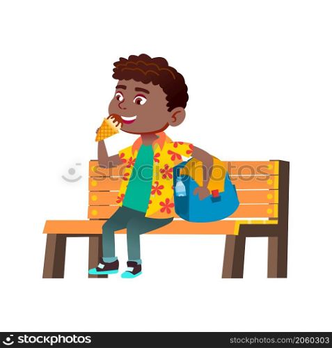 unhealthy boy eating sweets, hungry toddler. vector flat cartoon illustration. unhealthy boy eating sweets vector
