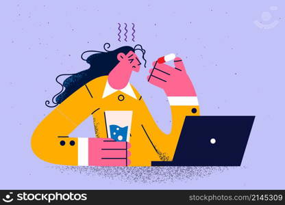 Unhealthy businesswoman work online on computer suffer from fever or flu have medicine. Unwell sick woman use laptop struggle with covid-19 drink medication or pill. Vector illustration. . Unhealthy woman work on computer having pill