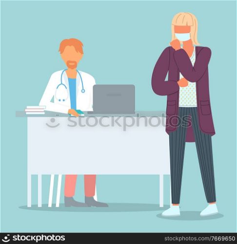 Unhealthy coughing woman going to doctor in cabinet. Patient feels herself bad. Viral pandemia of flu or covid 19. Conceptual flat illustration with cartoon characters. Illness virus symptom concept. Coughing woman wearing face medical mask going to doctor, patient feels bad, going to clinic