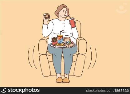 Unhealthy eating, fatness and overeating concept. Young fat overweight woman sitting in armchair and eating fats fries donuts drinking lemonade vector illustration . Unhealthy eating, fatness and overeating concept