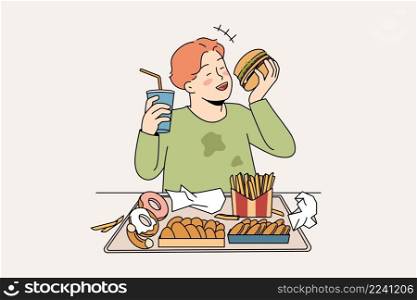 Unhealthy eating in childhood concept. Smiling cheerful fatty boy sitting and eating hamburger donuts french fries drinking lemonade enjoying junk food vector illustration . Unhealthy eating in childhood concept.