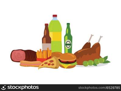 Unhealthy Food Banner Isolated on White. Unhealthy food banner isolated on white background. Junk food. Consumption of high-calorie nourishment fast food. Part of series of promotion healthy diet and good fit. Vector illustration