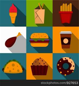 Unhealthy food icon set. Flat style set of 9 unhealthy food vector icons for web design. Unhealthy food icon set, flat style
