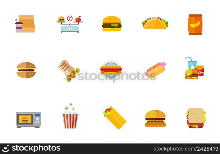 Unhealthy food icon set. Take-out Coffee Hamburger And Apple On Scales Hamburger Taco Potato Chips Burger Doner Hotdog Fast Food Microwave Oven Popcorn, Shawarma Sandwich