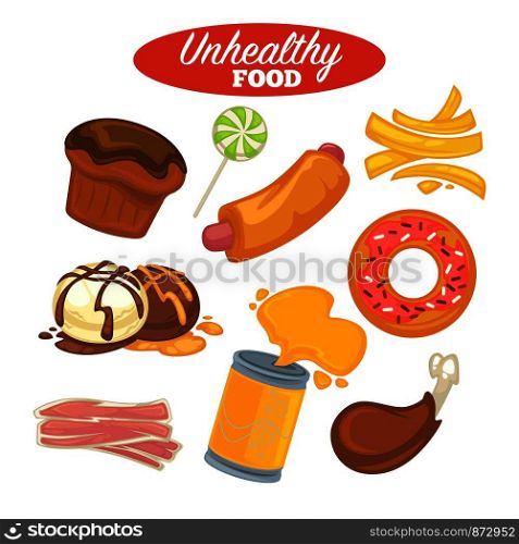 Unhealthy food poster or fat fast food burgers, sweets calories and carbohydrate drinks icons. Vector design of obesity and fat foot fastfood cheeseburger, chocolate and sugar desserts. Unhealthy food poster or fast food and fat eating meat and sweets