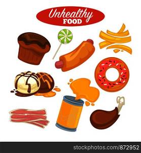 Unhealthy food poster or fat fast food burgers, sweets calories and carbohydrate drinks icons. Vector design of obesity and fat foot fastfood cheeseburger, chocolate and sugar desserts. Unhealthy food poster or fast food and fat eating meat and sweets