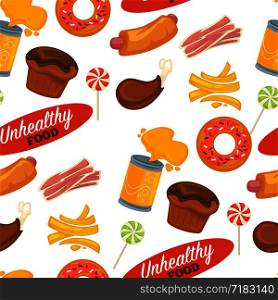 Unhealthy food, sweets and meat, donut and cakes seamless pattern isolated on white vector. Chicken legs grilled, roasted dishes, bacon slices. Hot dog with bun and sausages, coke drink in bottle. Unhealthy food, sweets and meat, donut and cakes seamless pattern