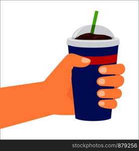 Unhealthy food. Vector illustration, hand holding plastic cup with cola. Hand holding plastic cup with cola