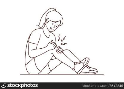 Unhealthy girl sit on ground suffer from knee pain. Unhappy unwell woman struggle with leg injury or trauma. Vector illustration. . Unhealthy girl with knee pain 