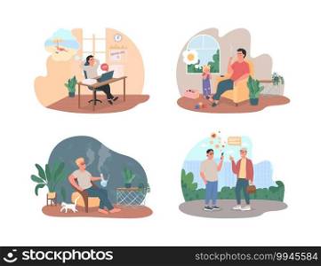 Unhealthy habits 2D vector web banner, poster set. Procrastination at workplace. Addicts flat characters on cartoon background. Bad lifestyle printable patch, colorful web element collection. Unhealthy habits 2D vector web banner, poster set