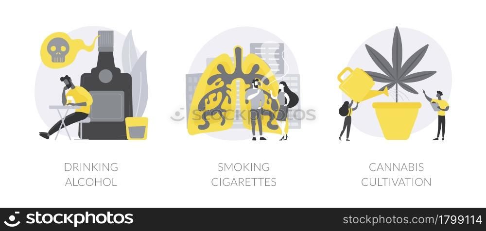 Unhealthy habits abstract concept vector illustration set. Drinking alcohol, smoking cigarettes, cannabis cultivation, addiction rehabilitation, health risk, medical marijuana abstract metaphor.. Unhealthy habits abstract concept vector illustrations.