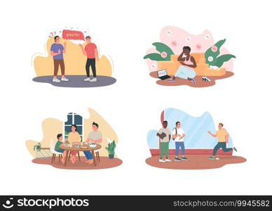 Unhealthy lifestyle 2D vector web banner, poster set. Swearing with curse words. People with bad habits flat characters on cartoon background. Printable patch, colorful web element collection. Unhealthy lifestyle 2D vector web banner, poster set