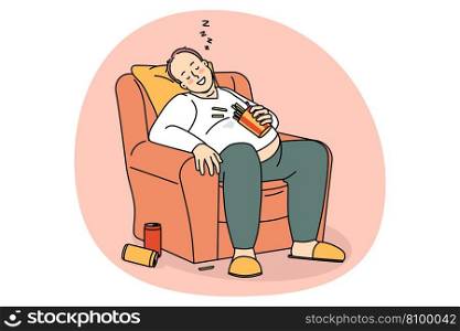 Unhealthy lifestyle and diet concept. Smiling over weight fatty man sitting napping in armchair after drinking soda and eating french fries vector illustration. Unhealthy lifestyle and diet concept