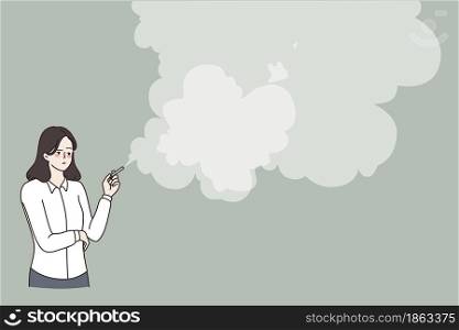 Unhealthy lifestyle and smoking concept. Young woman smoker standing smoking cigarette with lot of smoke on air vector illustration . Unhealthy lifestyle and smoking concept