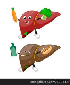 Unhealthy liver with bottle of alcohol, smoking cigarette and hotdog. Healthy liver with broccoli and carrot. Cartoon character design. Health care concept. Illustration isolated on white background.