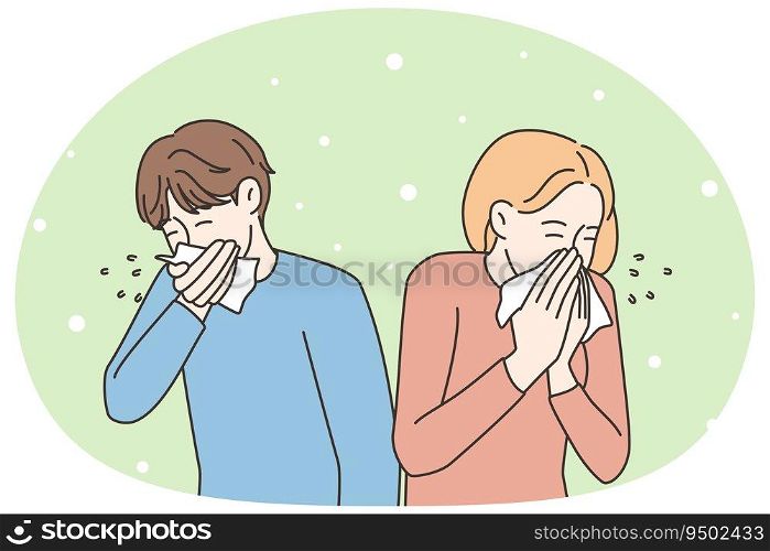 Unhealthy man and woman blowing nose suffer from flu or cold. Sick people struggle with health problems, have influenza or covid symptoms. Vector illustration.. Unhealthy people suffer from cold
