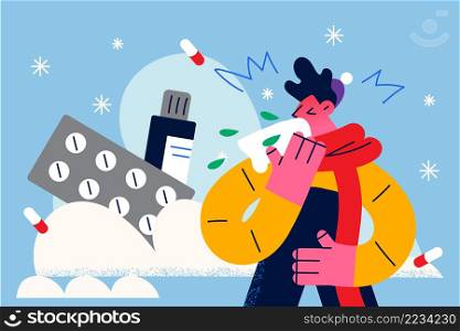 Unhealthy man coughing sneezing suffer from corona virus symptoms take medications. Unwell sick guy struggle with covid-19 have drugs and pills. Coronavirus, healthcare. Vector illustration. . Unhealthy man cough struggle with covid-19