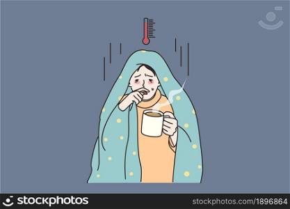 Unhealthy man covered in blanket feel sick unwell suffer with high temperature drink hot tea. Ill male struggle with flu or fever, have covid-19 symptoms. Corona concept. Flat vector illustration.. Unhealthy man have flu suffer with high temperature