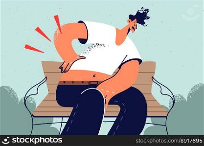 Unhealthy man sit on bench in park suffer from backache. Unwell male struggle with lower back spasm or strain. Radiculitis and healthcare. Vector illustration. . Unhealthy man on park bench suffer from backache 