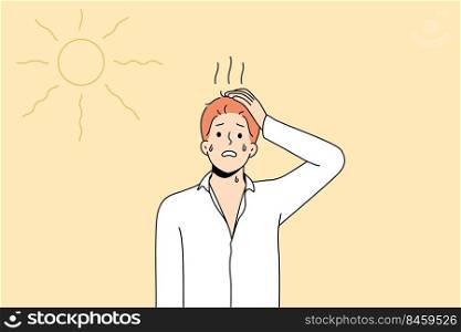 Unhealthy man standing under sun feel dehydrated and overheated in hot weather. Sick male struggle with heatstroke during summer. Health problem. Vector illustration.. Unhealthy man suffer from heatstroke